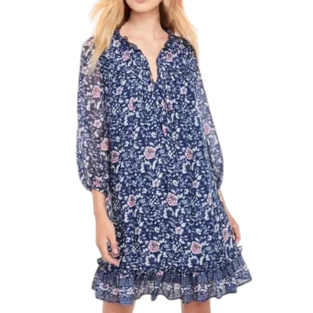 Vineyard Vines Floral Silk Blend Dress Blue Ruffle Neck Peasant L Cottagecore